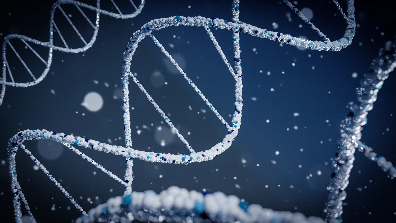 Illustratie van een DNA-dubbelhelix tegen een blauwe achtergrond.